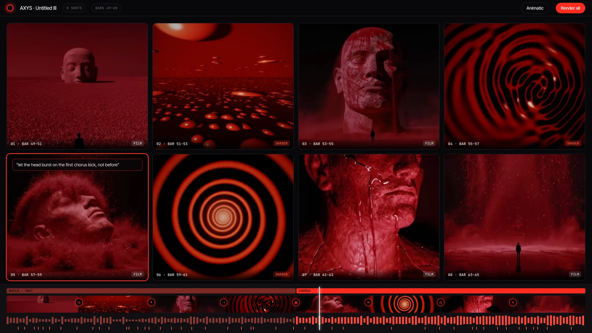 KAKAPO shot wall: eight storyboard frames on a beat grid with film and shader tags.